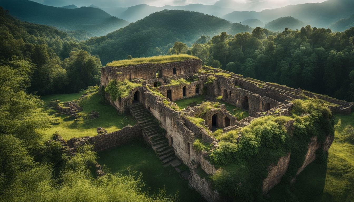 A photograph of ancient architectural structures surrounded by lush greenery, capturing a bustling atmosphere.