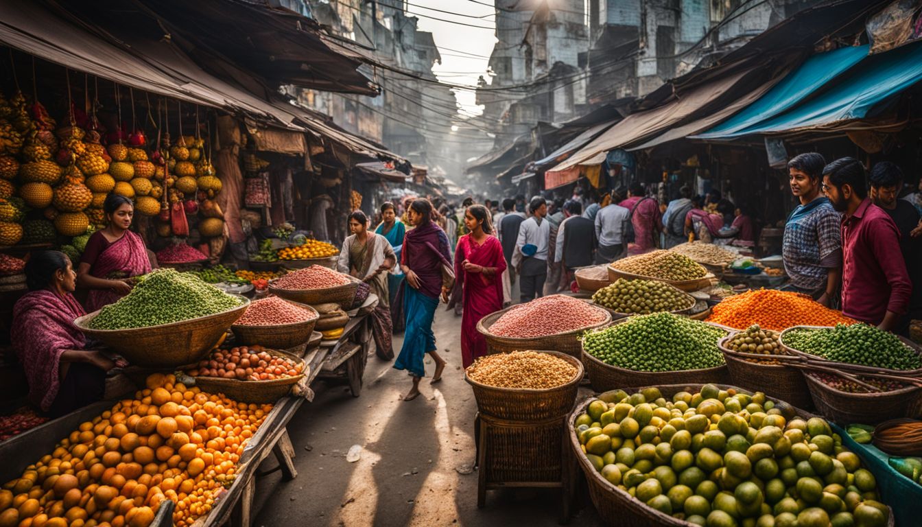 A vibrant street market in Dhaka featuring diverse individuals with unique styles and bustling atmosphere.