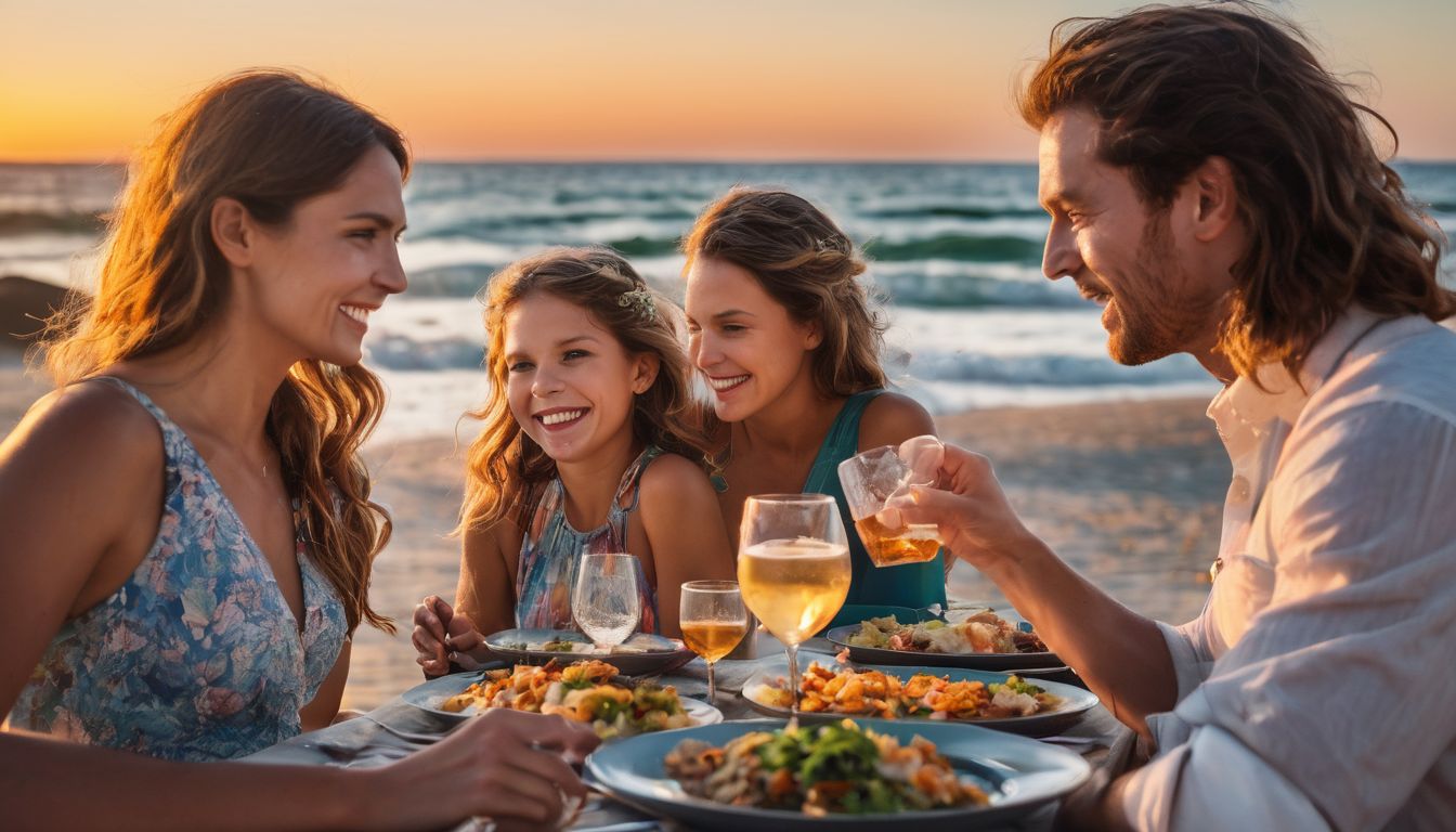 A happy family enjoys a beachfront dinner at sunset, captured in a well-lit photograph with a bustling atmosphere.