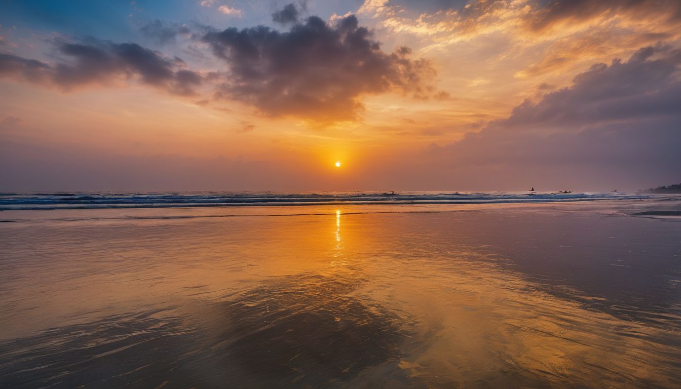 A beautiful sunset over Cox's Bazar beach with diverse individuals enjoying the bustling atmosphere.