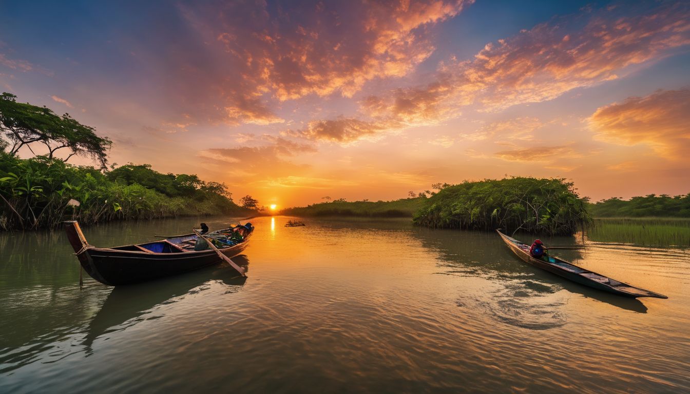 A vibrant photograph capturing the scenic beauty and wildlife of the Sundarbans mangrove forests at sunset.