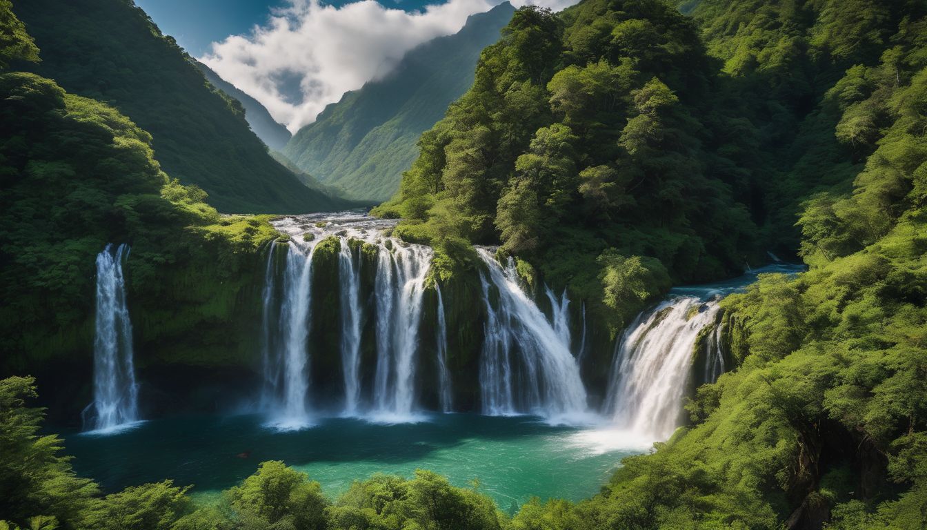 A stunning waterfall surrounded by lush green mountains, featuring diverse individuals in various outfits and hairstyles.