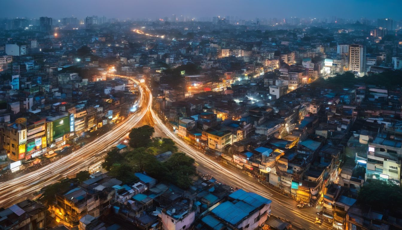 A vibrant and bustling cityscape of Dhaka at night, showcasing diverse faces and unique styles.