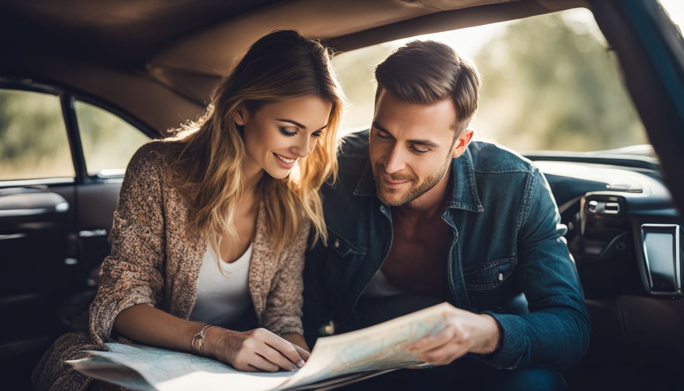 A couple prepares for a road trip, looking at a map in their car.