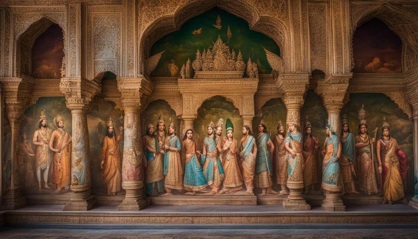 A mural depicting ancient Bengali kings surrounded by elaborate architecture and a bustling atmosphere.