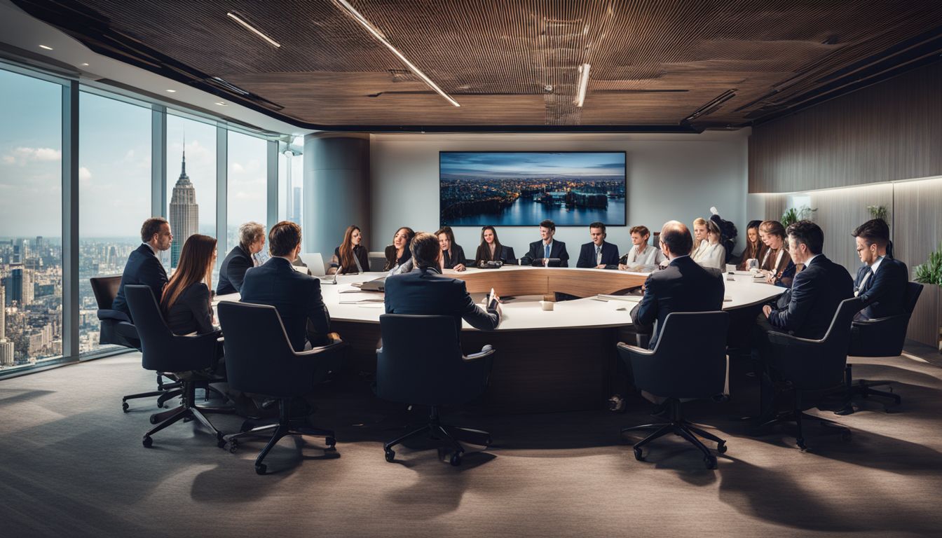 Embassy officials collaborate in a modern conference room, captured in a high-quality photograph.