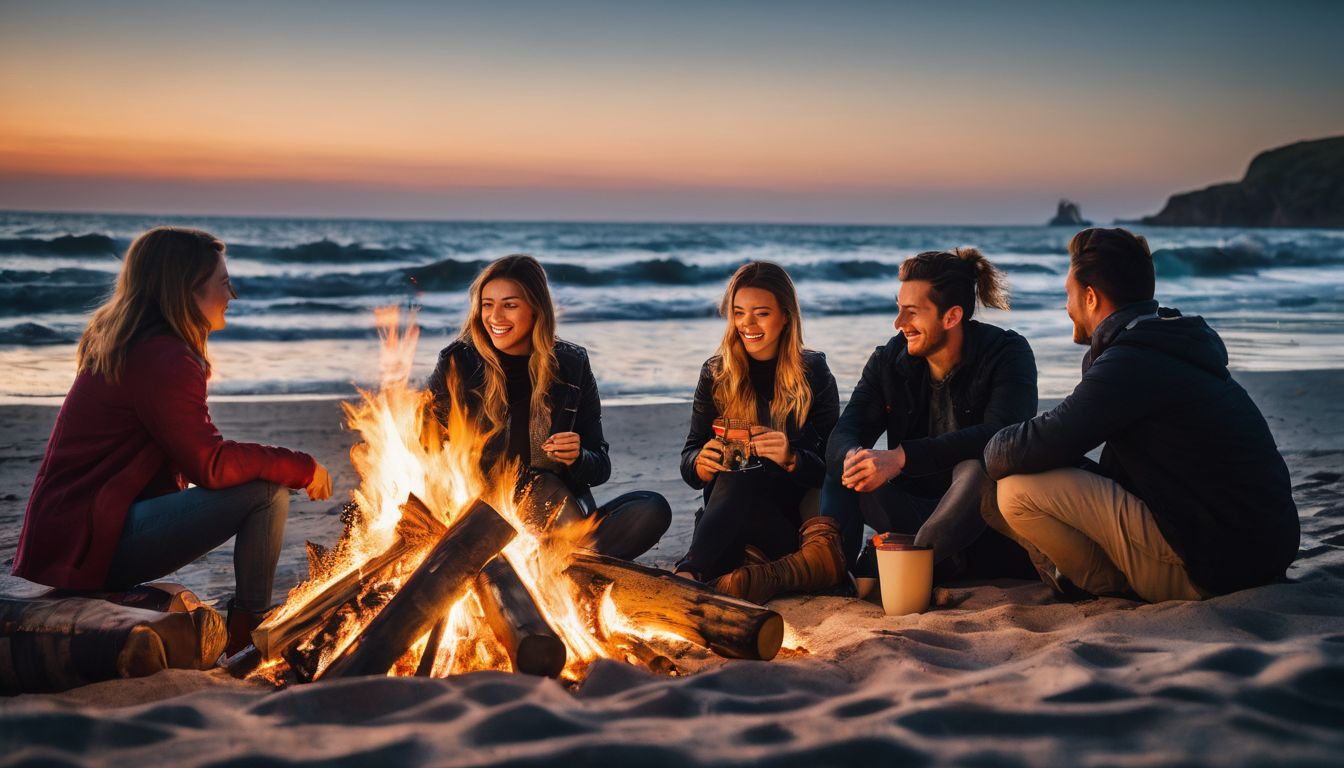 A group of friends gathered around a bonfire on the beach, enjoying the sunset and a bustling atmosphere.