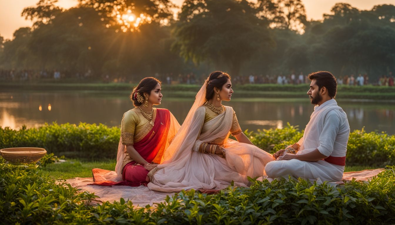 A stunning photo of the Jatiya Sangsad Bhaban at sunset, surrounded by gardens, with a diverse group of people.