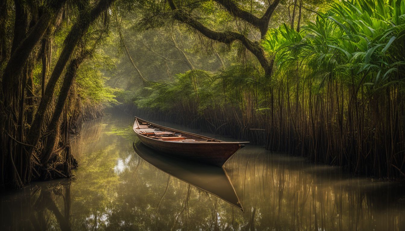 A wooden boat drifts through the narrow channels of Ratargul Swamp Forest, capturing the natural beauty and bustling atmosphere.