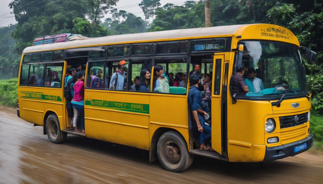 A diverse group of tourists boards a local micro bus in Sylhet to visit Ratargul.