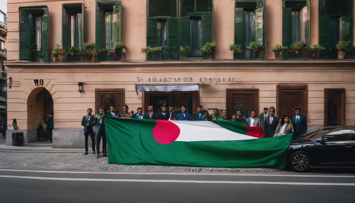 The Bangladesh Consulate in Milan is captured in a bustling cityscape with flags proudly flying.