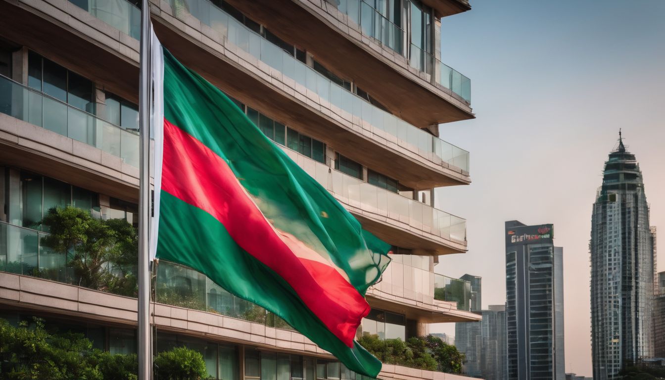 The Bangladeshi flag proudly flies outside the embassy building amidst a bustling cityscape.
