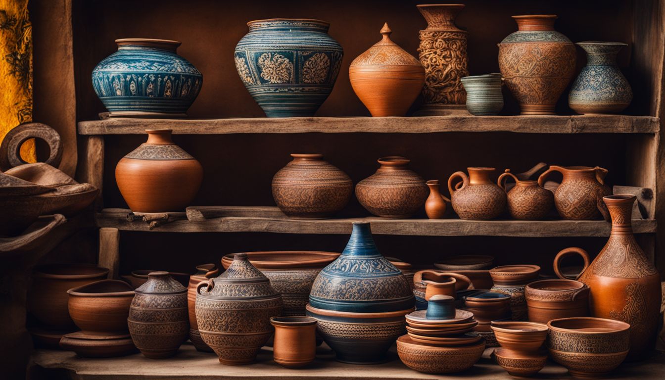 A photo of a traditional Bangladeshi pottery display showcasing beautifully crafted pottery items.