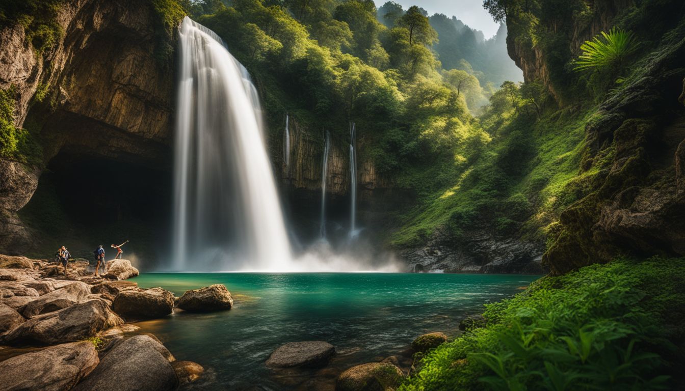 A stunning photograph capturing a cascading waterfall surrounded by lush greenery and rocky cliffs.