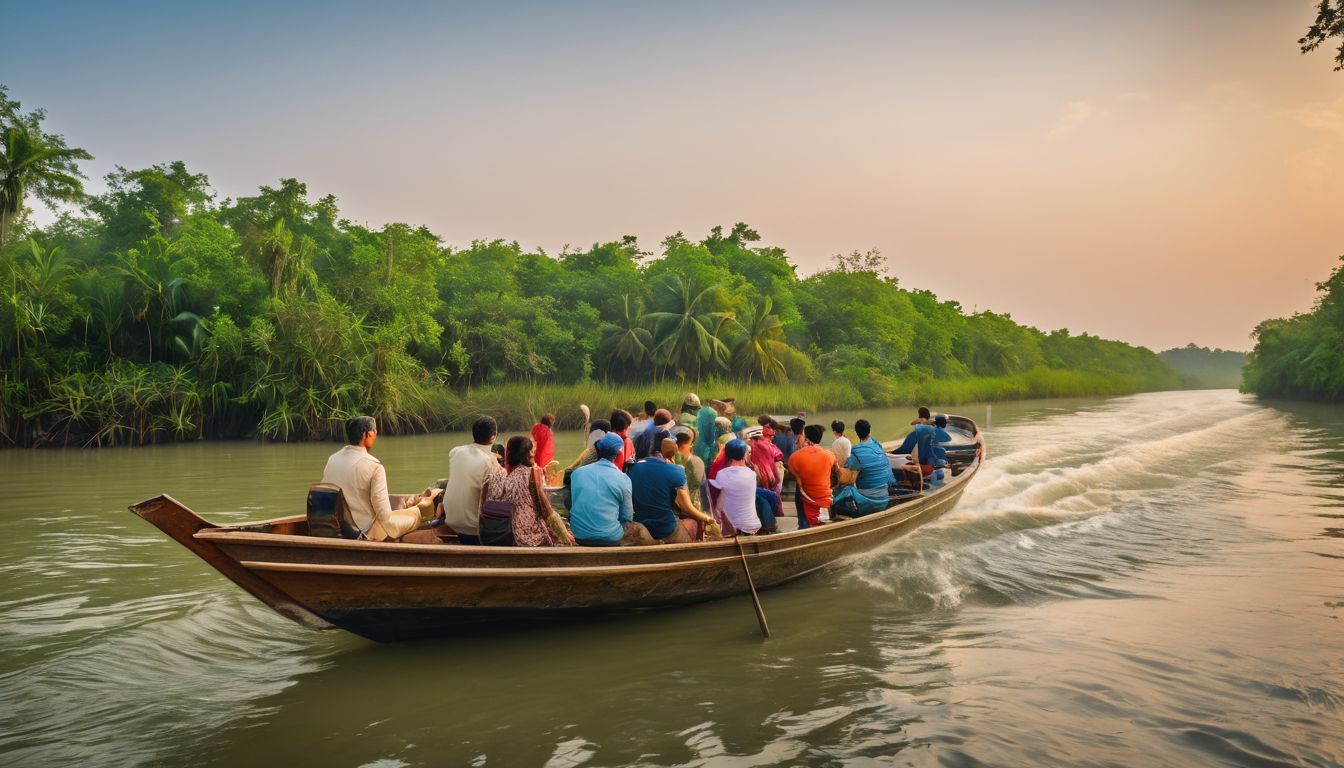 A diverse group of tourists enjoy a boat tour surrounded by the lush greenery of the Sundarbans.
