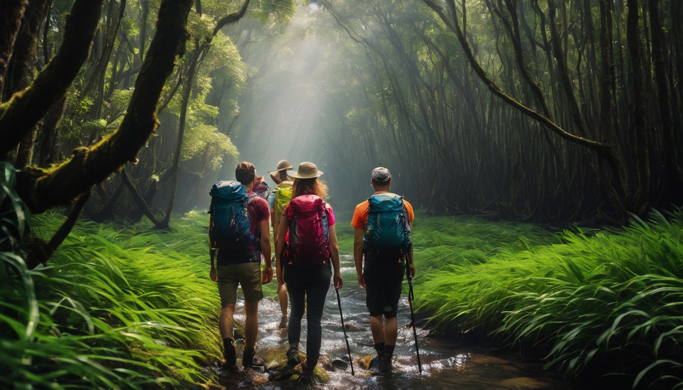 A diverse group of hikers explore the vibrant, lush Fatra Mangrove Forest.