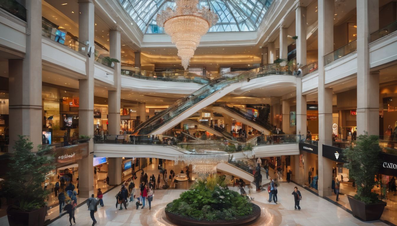 A vibrant mall atrium with a cascading chandelier and diverse individuals in various outfits.