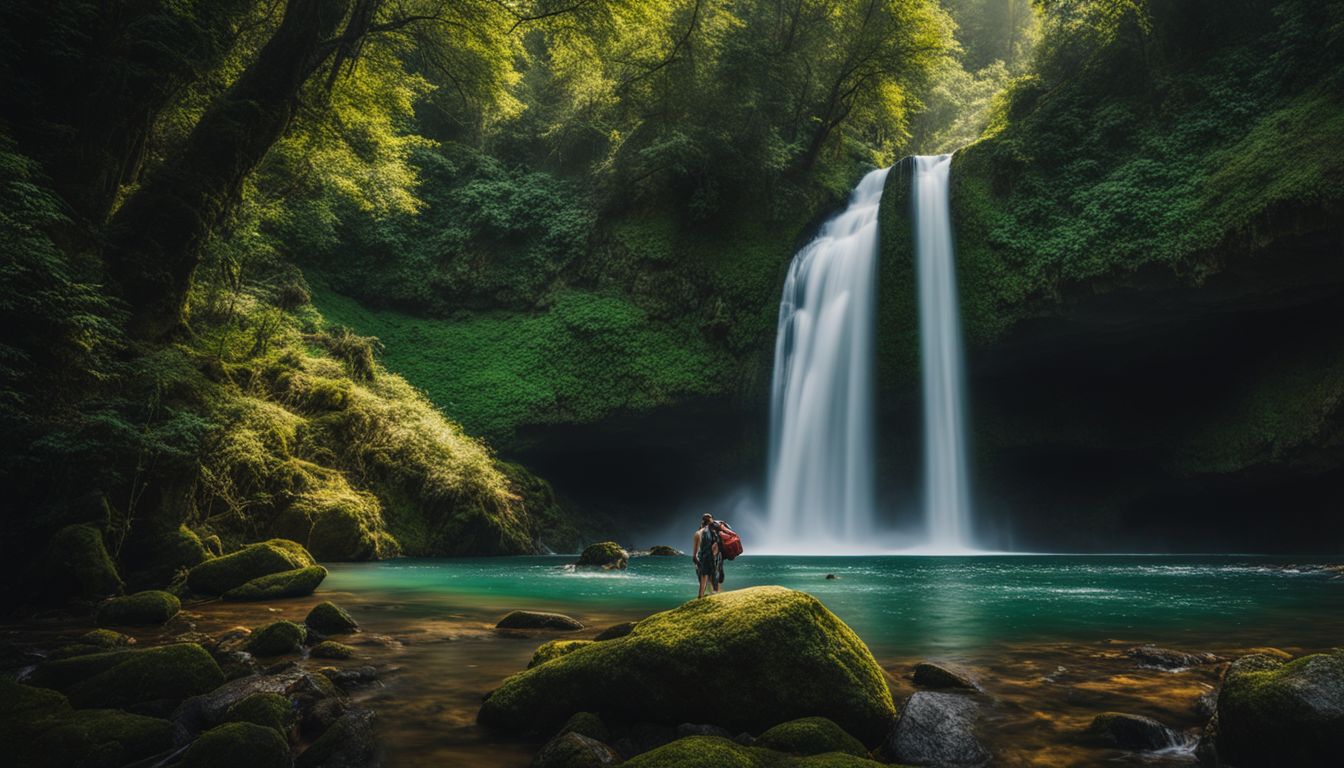 The image showcases a stunning waterfall surrounded by lush greenery, with various people enjoying the picturesque scenery.