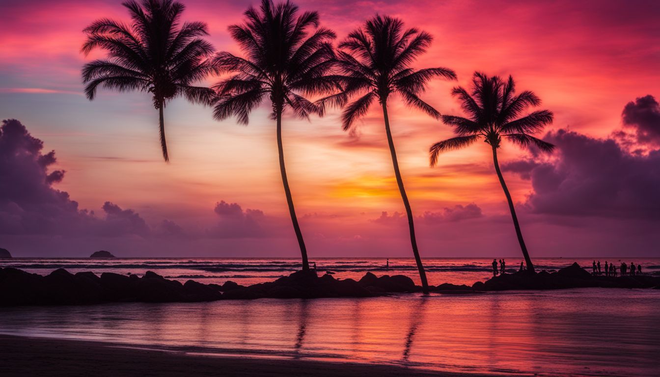 A stunning photograph capturing a vibrant sunset at Kuakata Sea Beach with silhouettes of palm trees and a bustling atmosphere.