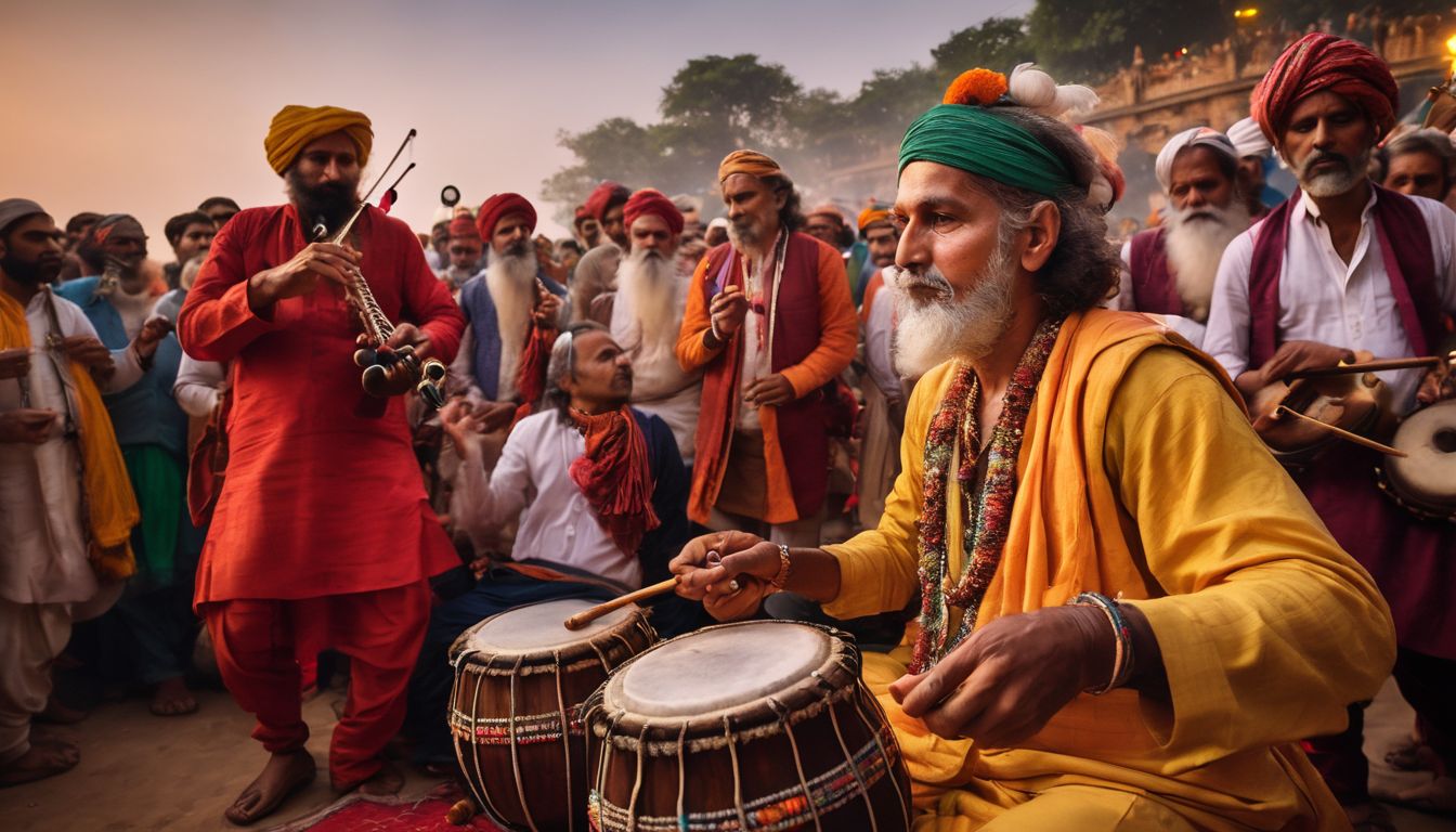 A vibrant photo capturing the lively atmosphere of Baul musicians performing at Fakir Lalon Shah's Mazaar.