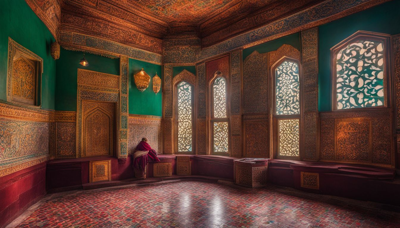 The tranquil interior of Fakir Lalon Shah's Mazaar, showcasing vibrant colored tiles and a bustling atmosphere.