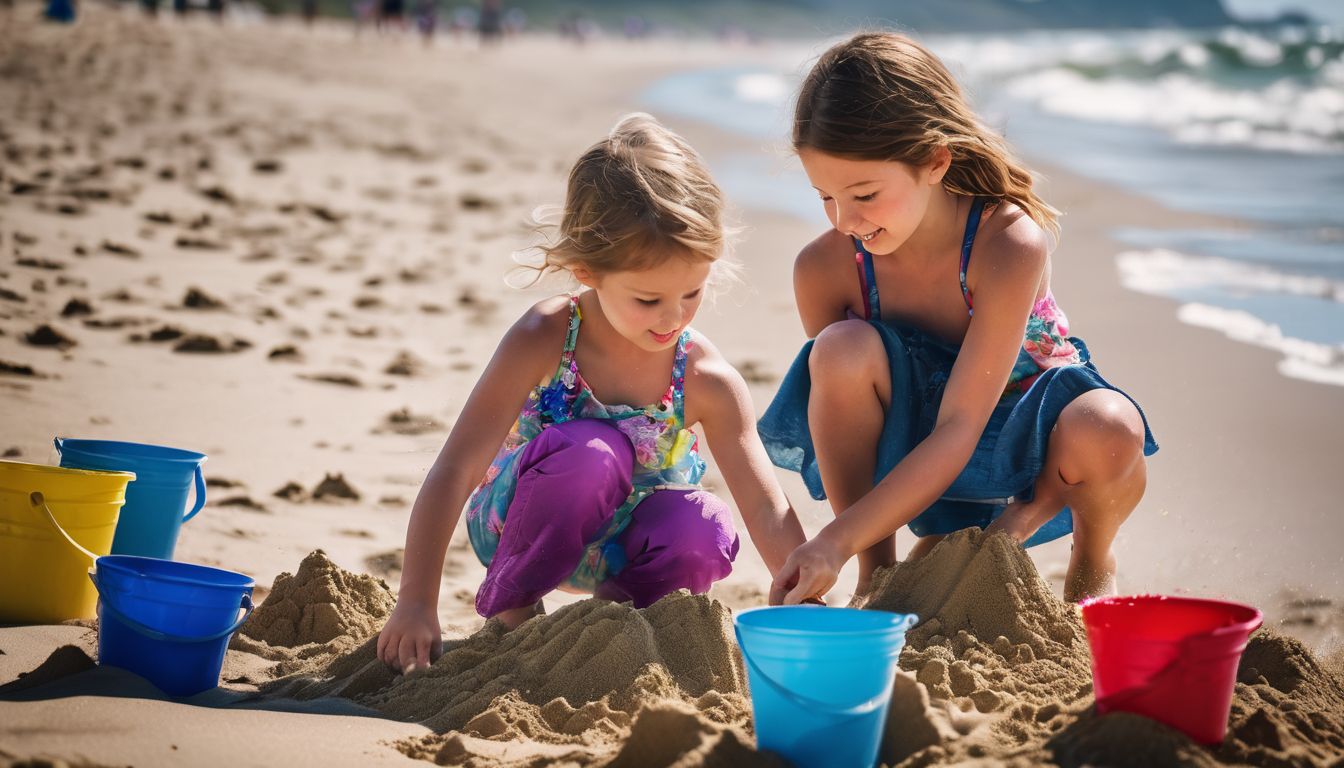 Children building sandcastles on the beach with colorful buckets and shovels.