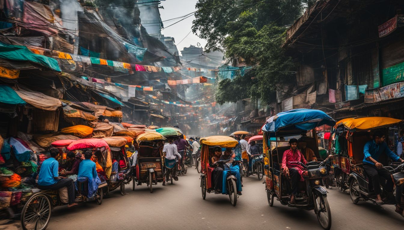 A vibrant photo capturing the bustling streets of Dhaka, filled with colorful rickshaws and vendors.