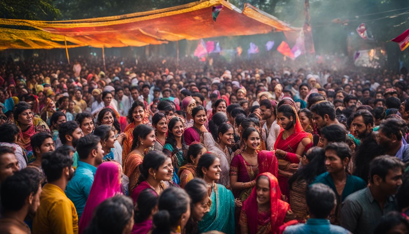 A vibrant crowd enjoying traditional music at the Dhaka International Folk Fest.