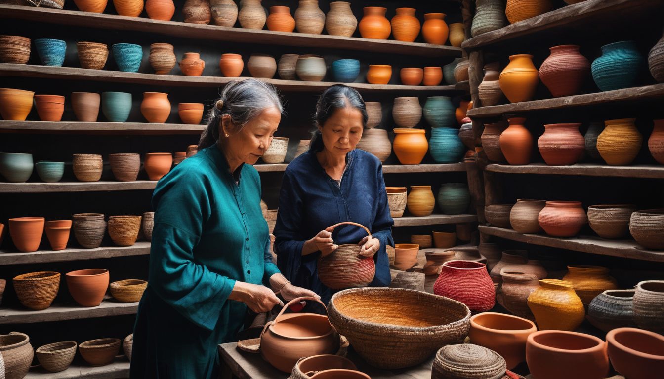 A vibrant display of clay pots and woven baskets showcased in a bustling atmosphere.