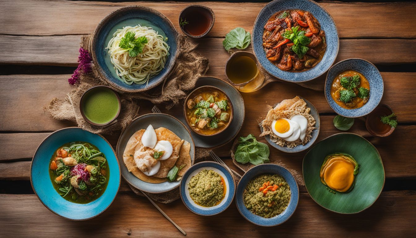 A photo of a colorful plate of local Sajek Valley dishes arranged beautifully on a rustic wooden table.