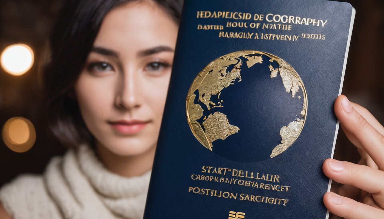 A person holding a passport in front of a globe, showcasing various faces, hair styles, and outfits.