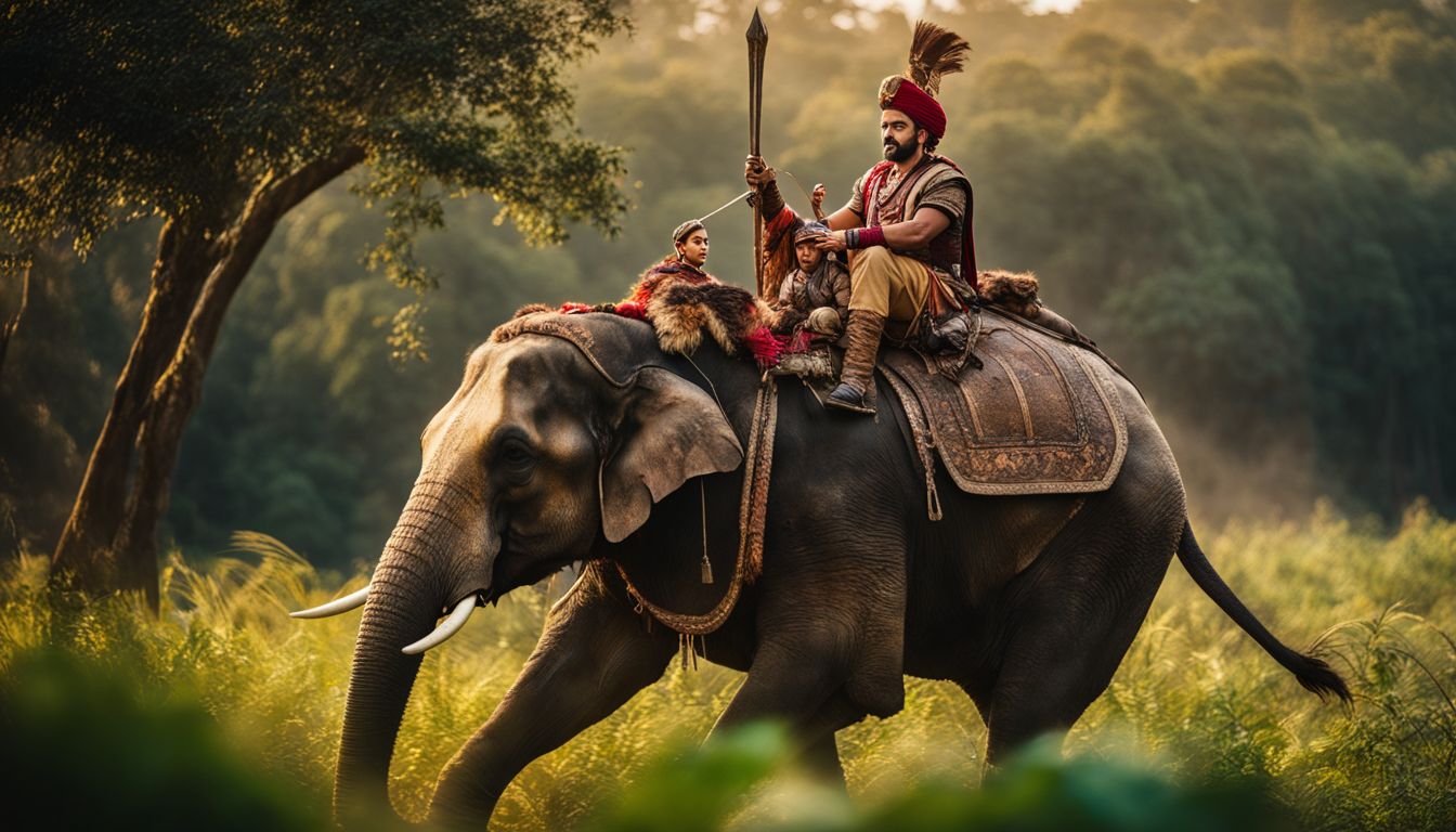 An ancient warrior riding a war elephant in a vibrant Bengal landscape, captured in high-resolution detail.