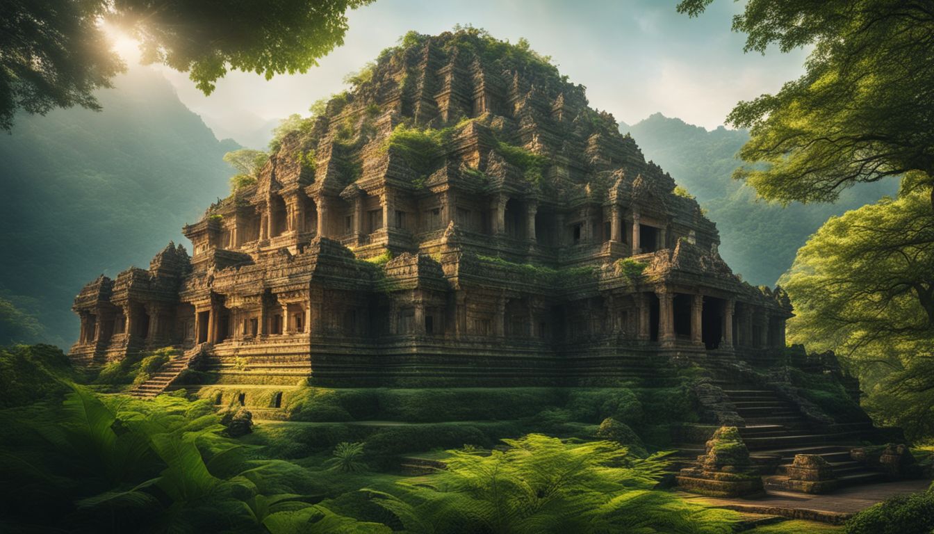 A beautiful ancient temple surrounded by lush greenery with a bustling atmosphere and diverse individuals.
