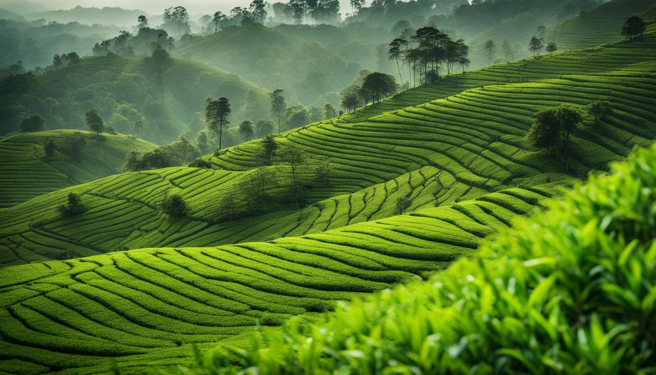 A picturesque tea plantation in Bangladesh with diverse people in various outfits and a bustling atmosphere.