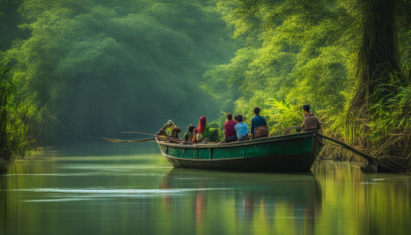 A boat traverses through the vibrant Ratargul Swamp Forest amidst lush greenery and a bustling atmosphere.