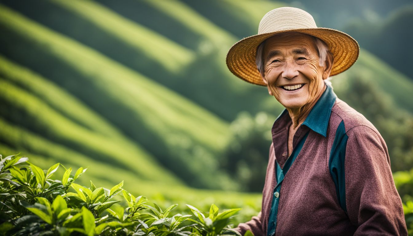 An elderly tea farmer is photographed smiling in a vibrant tea garden, showcasing different faces, hair styles, and outfits.