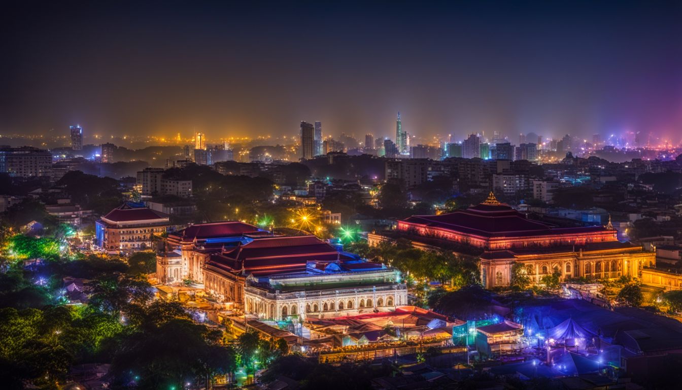 The photo captures the vibrant Jatiya Sangsad Bhaban at night, showcasing a diverse group of people and a bustling atmosphere.