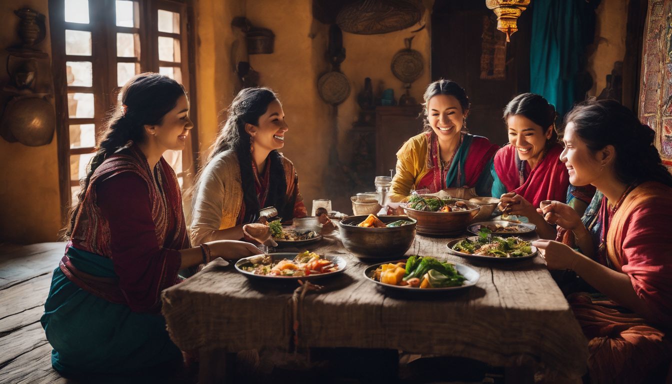 A diverse group of travelers enjoy a meal with a local family in their traditional home.