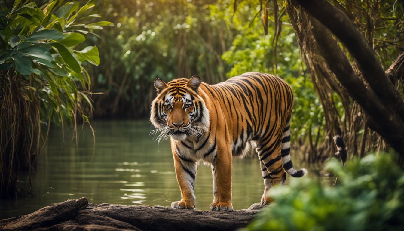 A photo of a Bengal tiger in its natural habitat surrounded by lush mangroves, captured in stunning detail and clarity.