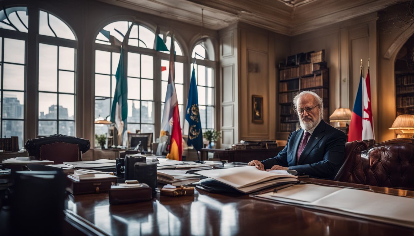 An honorary consul is pictured in their office, surrounded by official documents and flags.