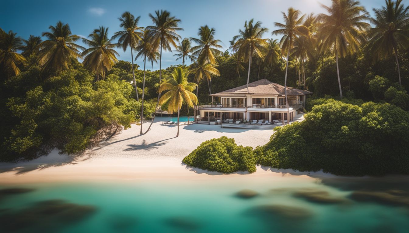 A serene beachfront villa surrounded by palm trees and clear blue waters, captured in high-resolution photography.