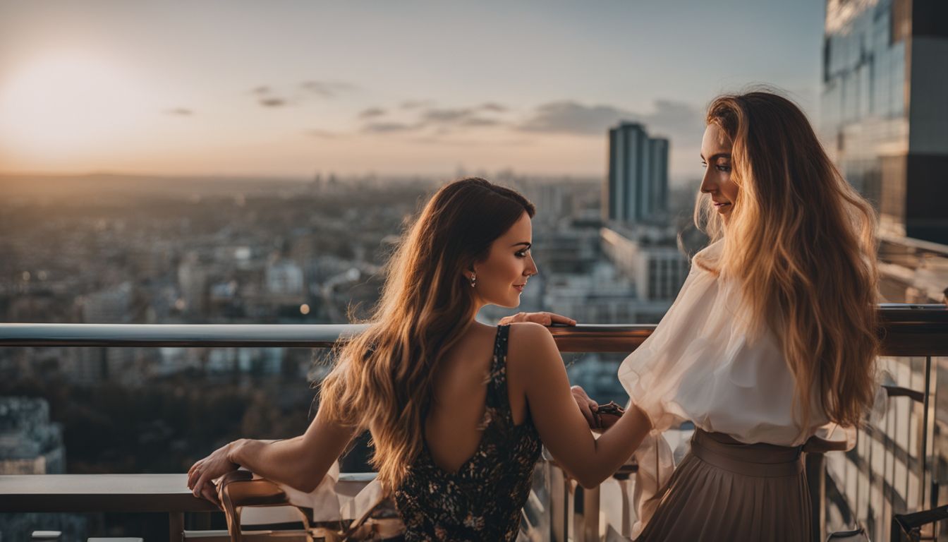 A couple enjoying the view from a hotel balcony overlooking a bustling cityscape.