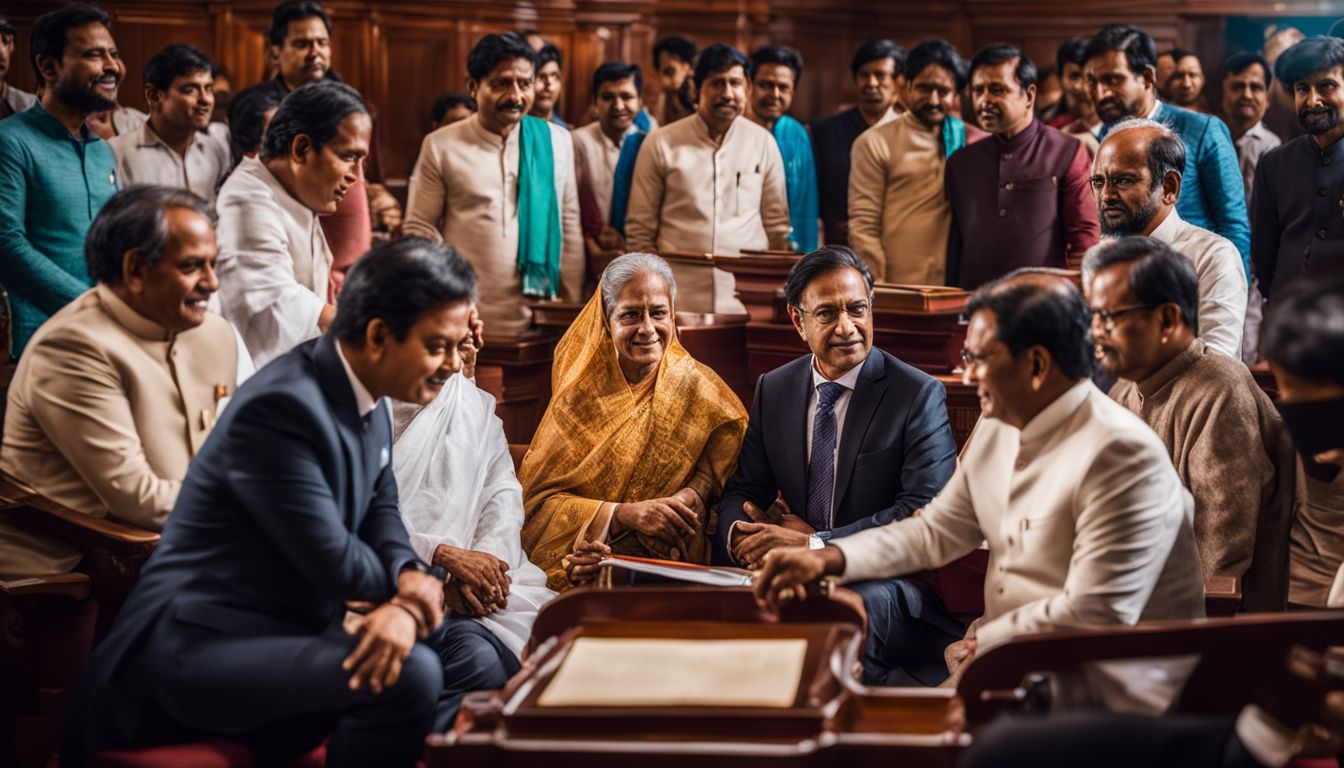 A vibrant discussion among lawmakers at the Parliament building in Bangladesh captured in a highly detailed and well-lit photograph.