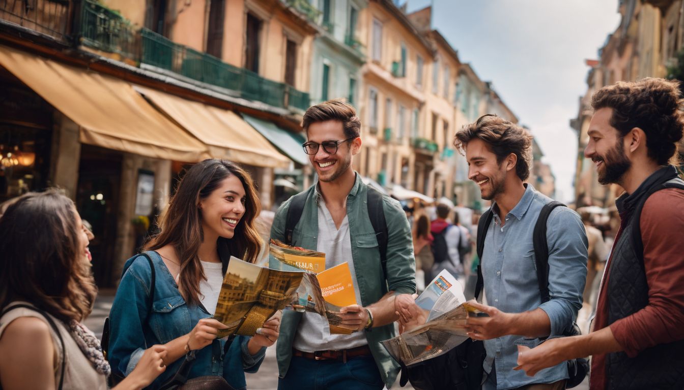 A diverse group of people chat happily while holding travel brochures in front of a cityscape backdrop.