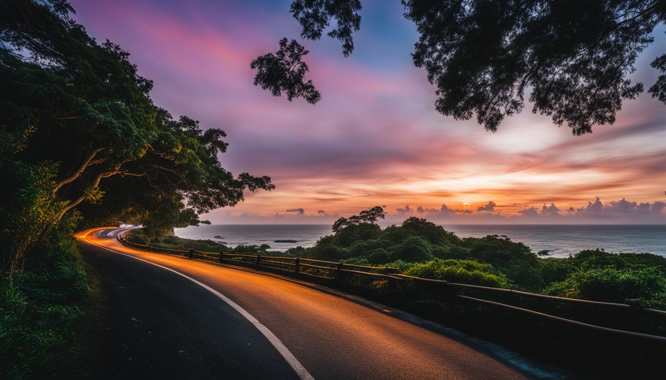 A panoramic view of a scenic road leading to Kuakata Sea Beach at sunset.