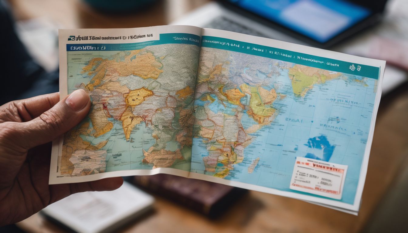 A person holding a Bangladeshi visa in front of a world map, signifying international travel.