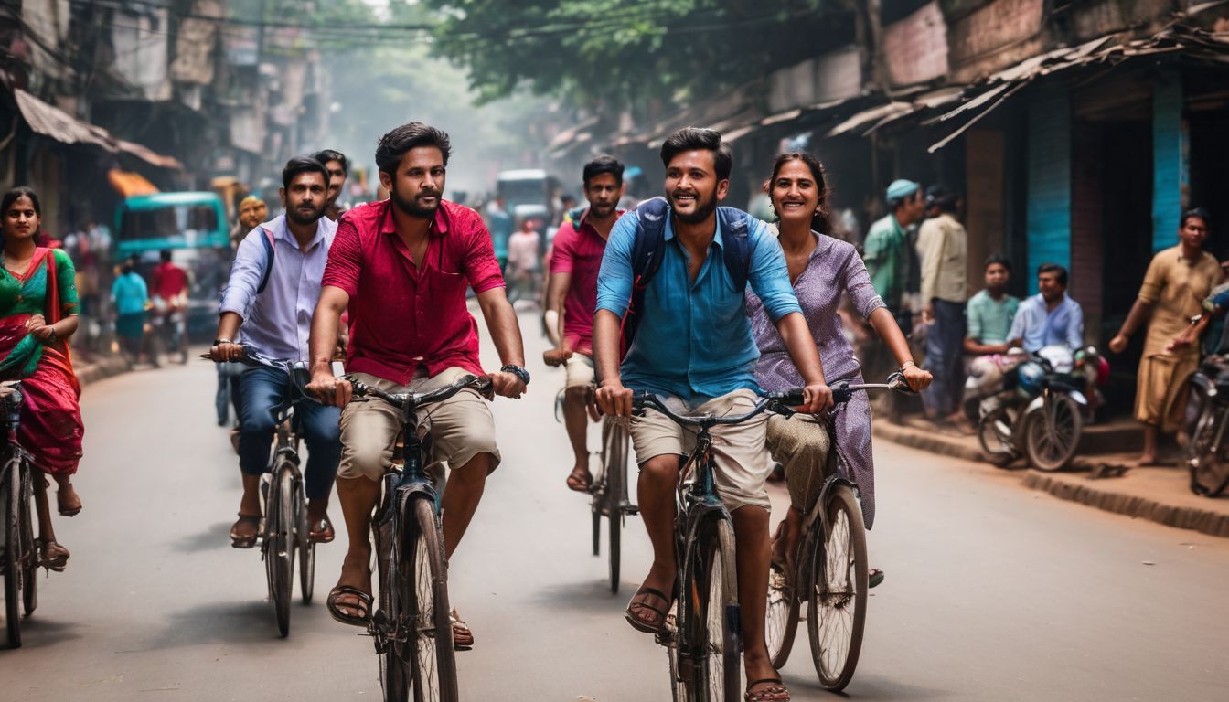 A group of diverse tourists explore the bustling streets of Dhaka by bike.