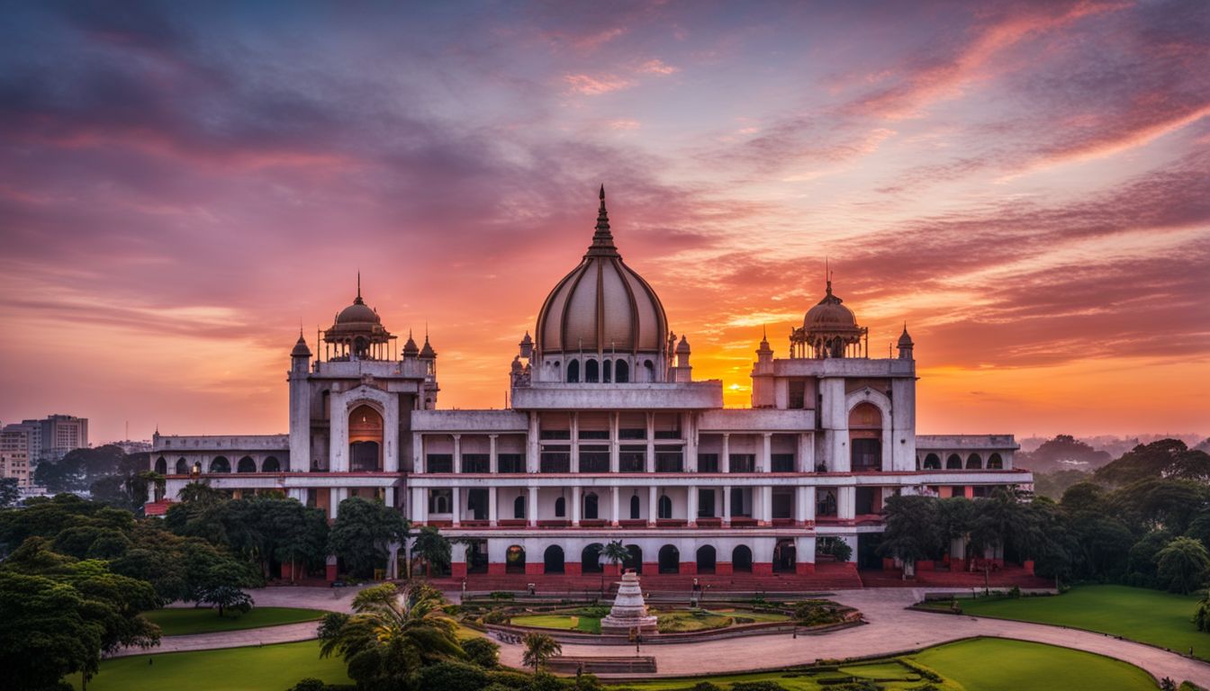 A vibrant sunset showcases the stunning Parliament Building in Bangladesh against a bustling cityscape.