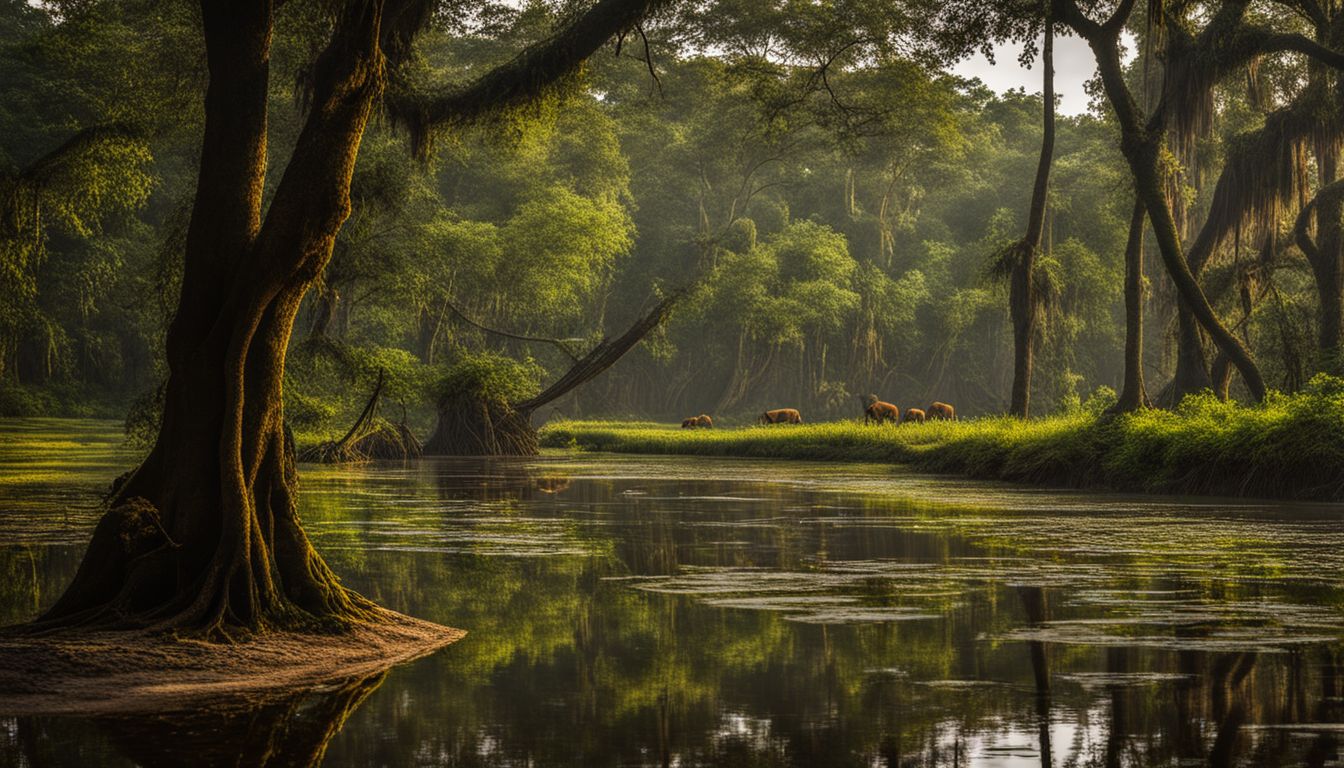 A vibrant and diverse swamp forest filled with lush trees and wildlife.