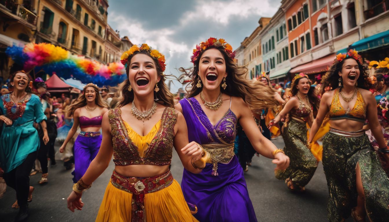 A vibrant festival parade filled with a diverse group of people dancing and singing in colorful outfits.